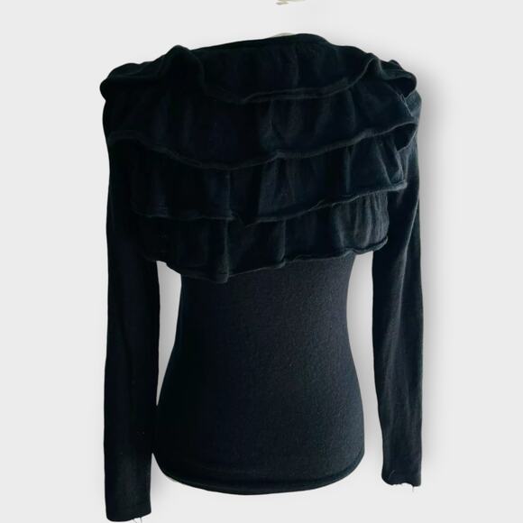 Karoo 100% Cashmere Sweater Knit Black Ruffle Back Long Sleeve Scoop Neck Size S - Picture 3 of 9